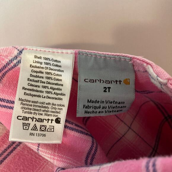 Carhartt Toddler Girls Pink Lemonade Plaid Flannel Lined Canvas Bib Overalls - Picture 11 of 12